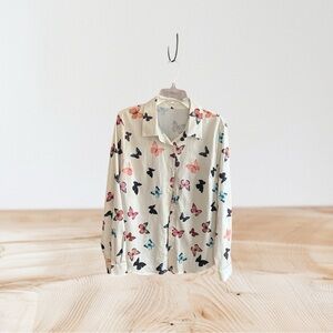 Shein ivory button down shirt with multicolor  butterflies pattern Sz L